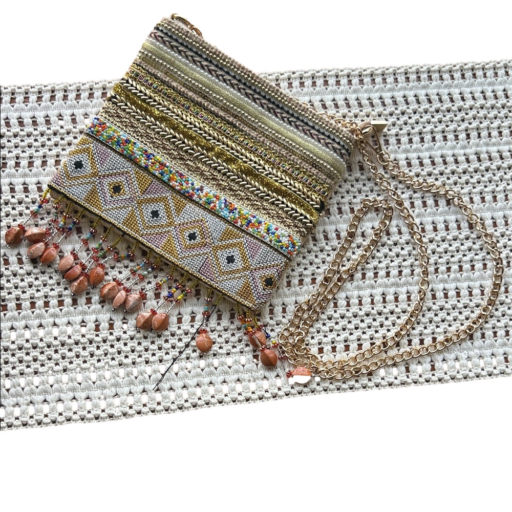 Beaded Bag Gold Pink Natural Light Tan Gold Chain Crossbody New With Issue